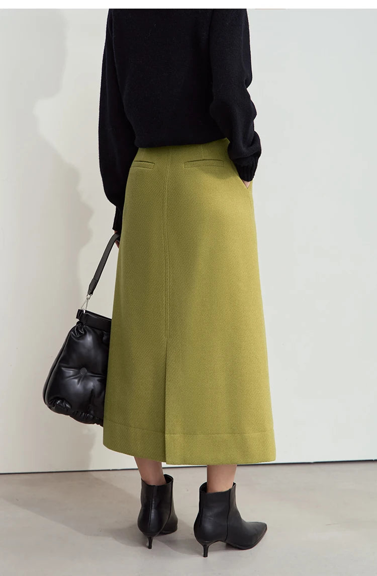Minimalism Women's Elegant Commuter Skirts with Velvet Belt 2024 Winter Twill Fabric Warm Slit Straight Midi Skirt 12444183