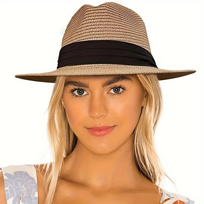 Fashion Men Straw Hat For Women Summer Trendy Beach Sun Hats Solid Color Fedoras Ribbon Casual Cowboy Jazz Cap Gangster Cap Male