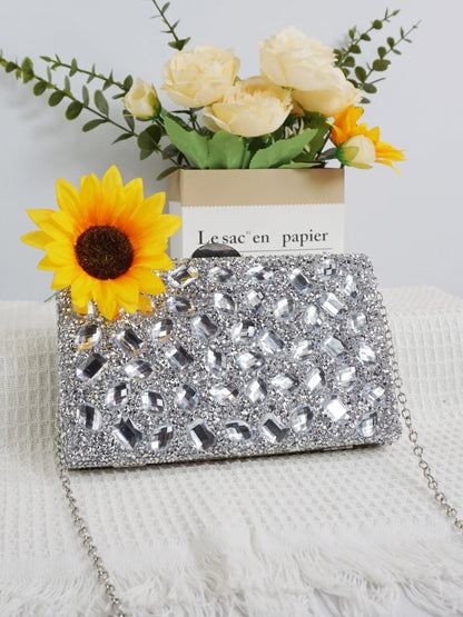 Ladies' high-end sparkling metal box shaped dinner bag, luxurious and fashionable metal strip decoration evening dress bag