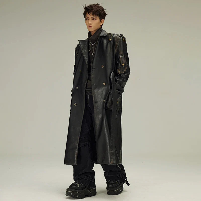 Spring Autumn Long  Distressed Black Pu Leather Trench Coat Men Belt Double Breasted Luxury European Fashion 2023