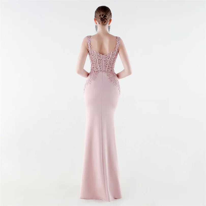 10 Colors Women's Sexy Slit Evening Dress with Appliques Soft Satin Wedding Party Dresses Prom Gowns robe de soiree