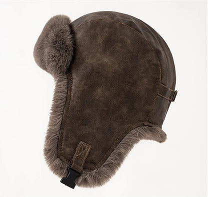 Men Winter Bomber Hat Outdoor Motorcycle Windproof Thicken Warm Faux Fur Pilot Earflap Hat Leather Thermal Ushanka