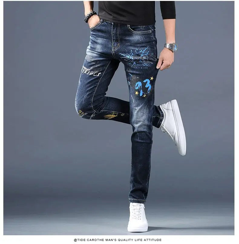 Harajuku Fashion Men's High-end Embroidered Jeans Korean Style Prints Patches Slim Fit Casual Spring Autumn Cowboy Trousers