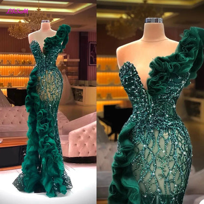 Luxury Beaded Appliques Mermaid Evening Dresses Elegant Side Split Ruffles Tulle Prom Dress Glitter Sequins Formal Gowns