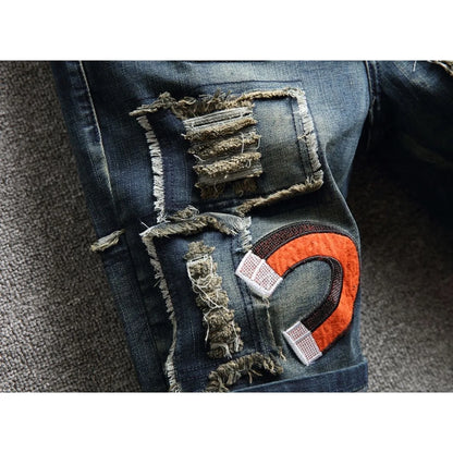 Summer New Fashion Trend Printed Straight Leg Sports Retro Jeans Men's Loose Large Size Comfortable High Quality Shorts 28-36