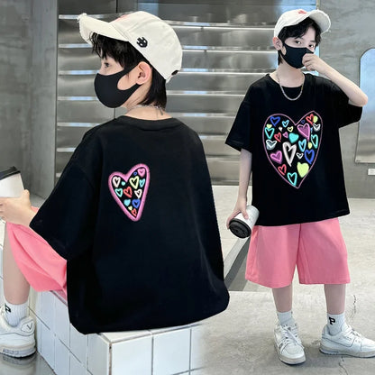 Summer Boys Suit Heart-Shaped Children Clothes Set for Kids Teenagers Casual Cotton T-shirt And Shorts 2 Pieces Tracksuit Child