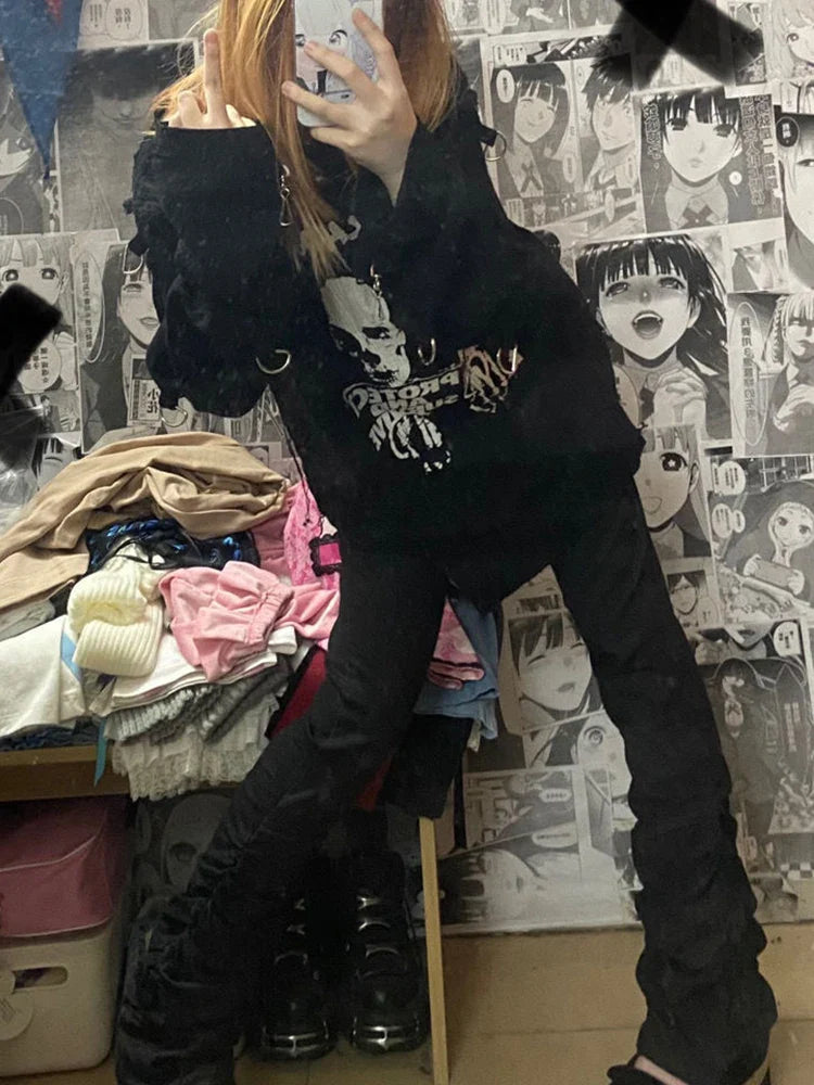 Goth Lolita Black Pants Casual Flare Stacked Jeans Women Stretchy High Waist Trousers 2000s Y2K Grunge Emo Streetwear