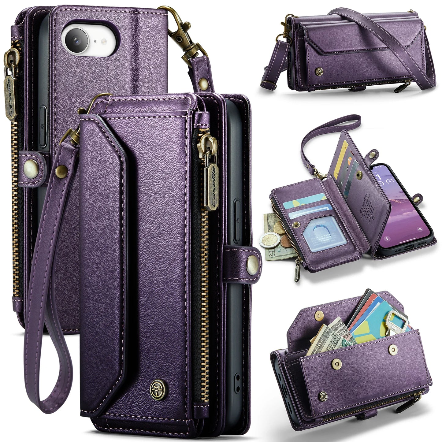 Case for iPhone 17 16e 16 15 14 13 12 11 Pro Max Leather Strap Zipper Card Holder Phone Wallet  Case