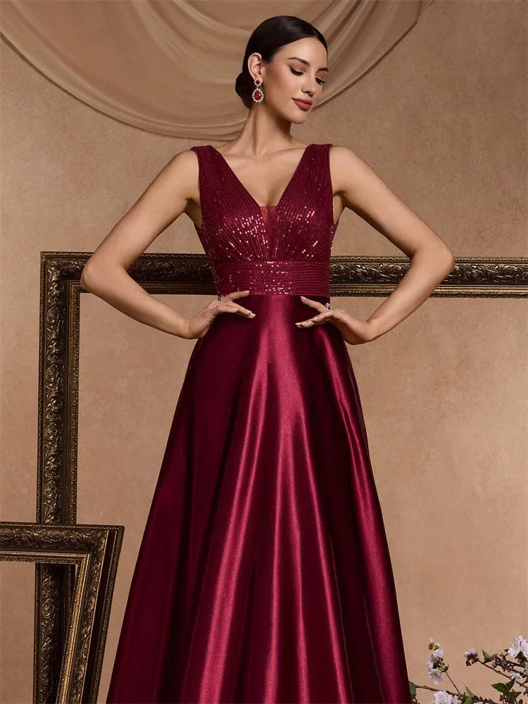 Elegant Sequins Evening Dress For Women 2024 Deep V-neck Satin Prom Party Green Dress Floor Length Blue Formal Gowns