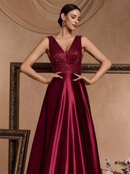 Elegant Sequins Evening Dress For Women 2024 Deep V-neck Satin Prom Party Green Dress Floor Length Blue Formal Gowns