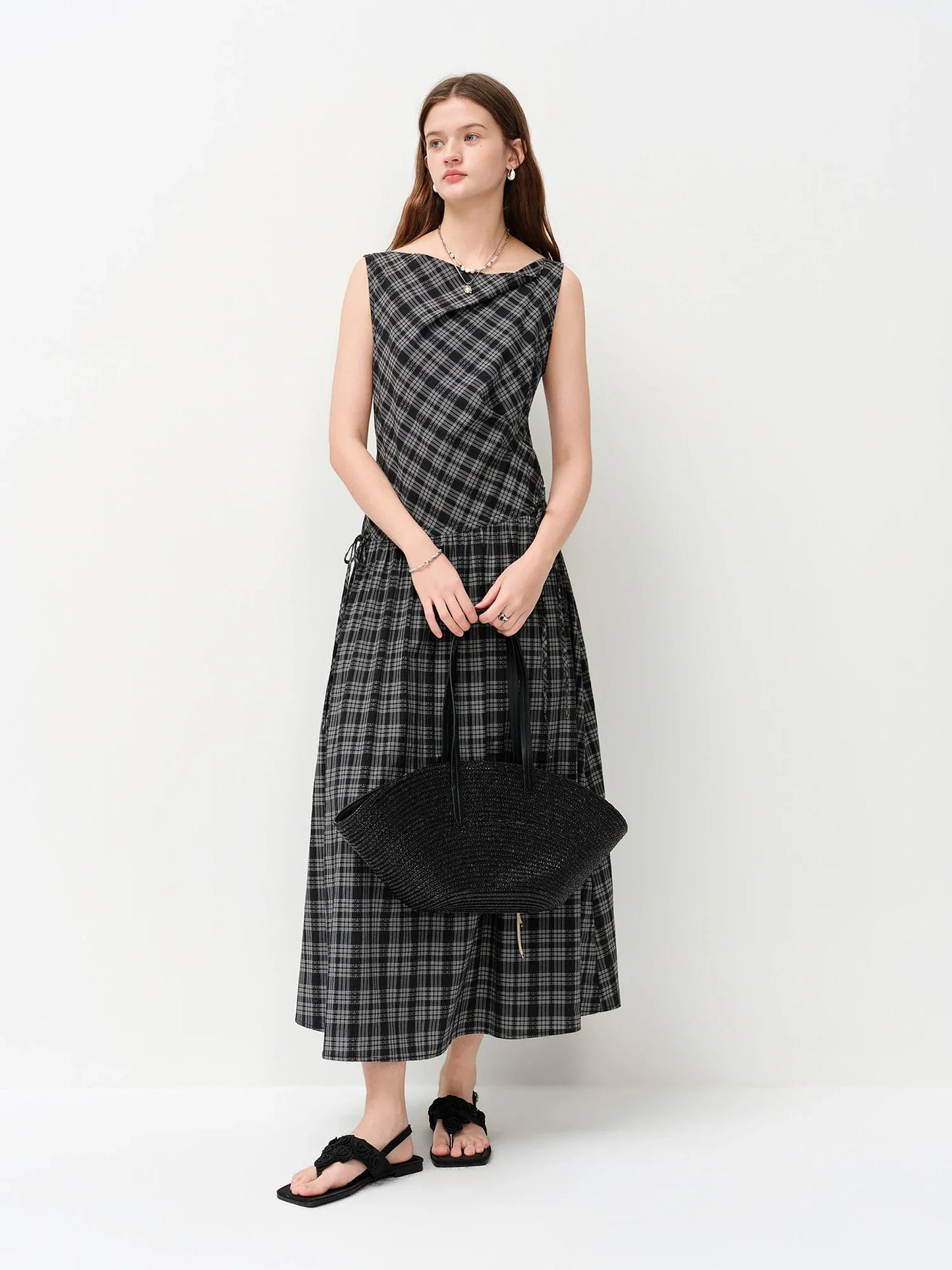 2026 Summer Women One Shoulder Asymmetrical Sleeveless Dress Plaid Check Midi Dress for Rebellious Prep & Vacation Style