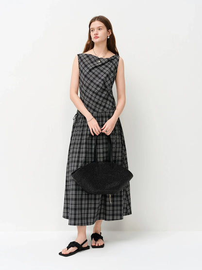 2026 Summer Women One Shoulder Asymmetrical Sleeveless Dress Plaid Check Midi Dress for Rebellious Prep & Vacation Style