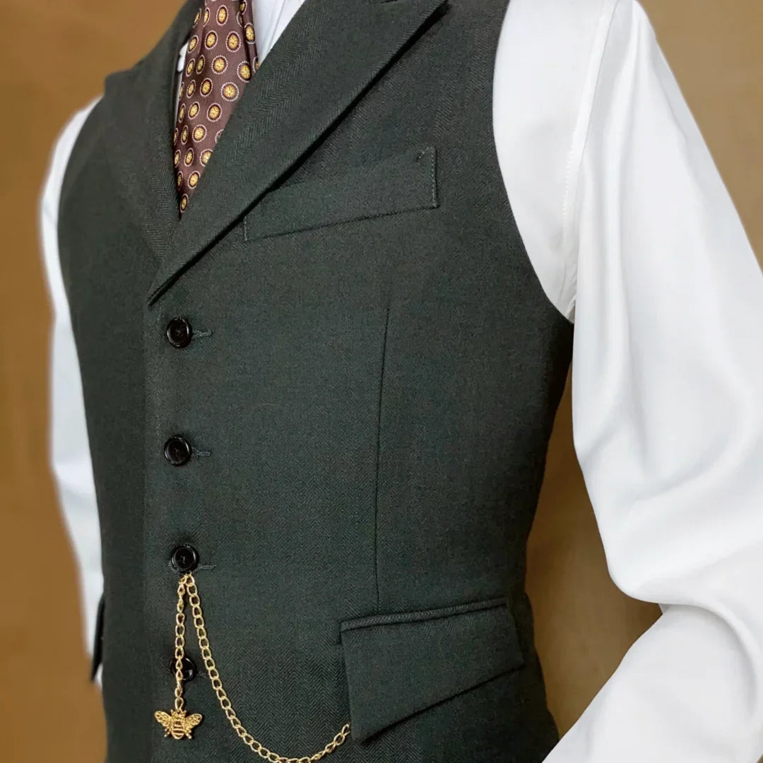 Men Vest Mossy Green Herringbone With Lapel Single Button Waistcoat For Wedding Party Business Work Daily Casual Men Suit Vest