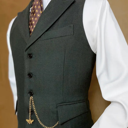 Men Vest Mossy Green Herringbone With Lapel Single Button Waistcoat For Wedding Party Business Work Daily Casual Men Suit Vest