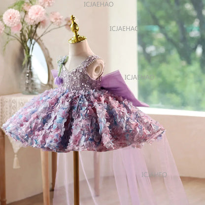 2026 Cute Sweet Purple Children Sleeveless Kids Host Princess Gown Costume Girls Birthday Party Dress Summer New Fashion Floral