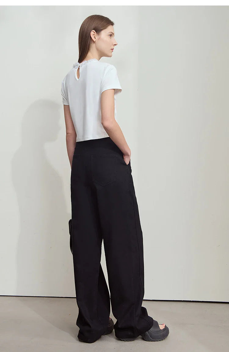 Women's Jeans Minimalist 2025 Summer New Style Solid Color Commuting Black Beige Wide Leg Cotton Denim Long Pants 12552012