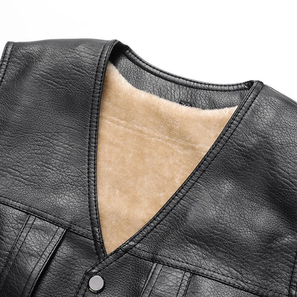 2024 Winter Men Thick Warm Fleece Leather Vest Coat  Male V-Neck Single Breasted Vest Casual Male Clothing Outerwear