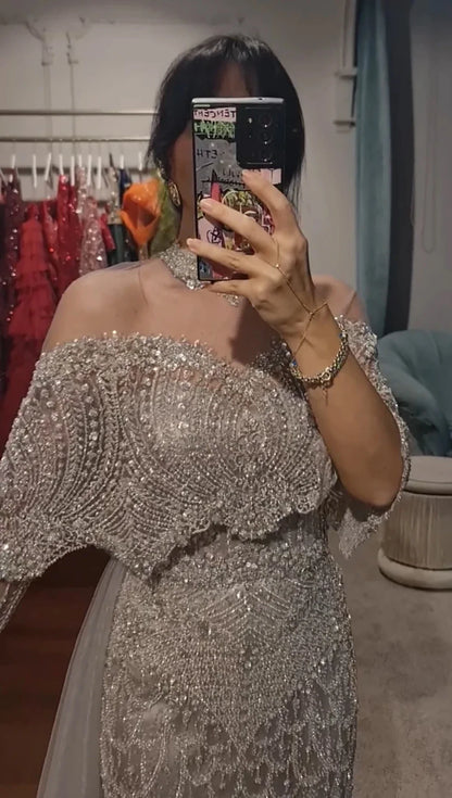 Beaded Mermaid Evening Dress for Women 2026 Elegant High Neck Long Sleeves for Women Wedding Party Gown Customized