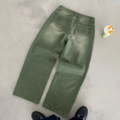 Y2K Retro Matcha Denim Jeans Washed Billiard Embroidered Denim Pants London Fashion New York Style Streetwear Unisex Baggy Jeans