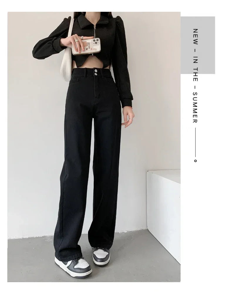 Loose Straight Women's Jeans Fashion Stretch Soft Drape Multi-button High Waist Denim Trousers Street Fashion Female Clothing