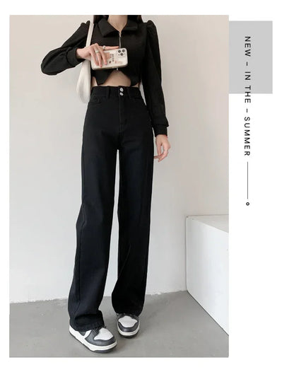 Loose Straight Women's Jeans Fashion Stretch Soft Drape Multi-button High Waist Denim Trousers Street Fashion Female Clothing