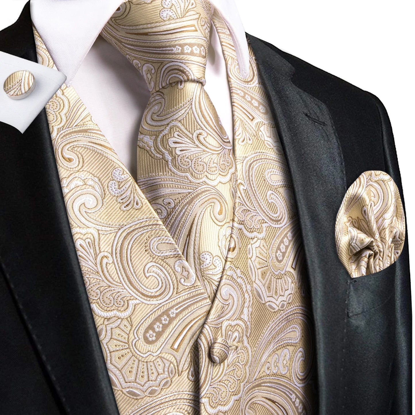 Ivory Beige Champagne Gold Mens Vests Tie Hankerchief Cufflinks Set Jacquard Vine Waistcoat for Men Suit Dress