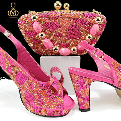 Italian Design Hard Bag & Open Toe High Heels Set Fuchsia Color Blocking Hot Rhinestones Fashion Sexy Women High Heels