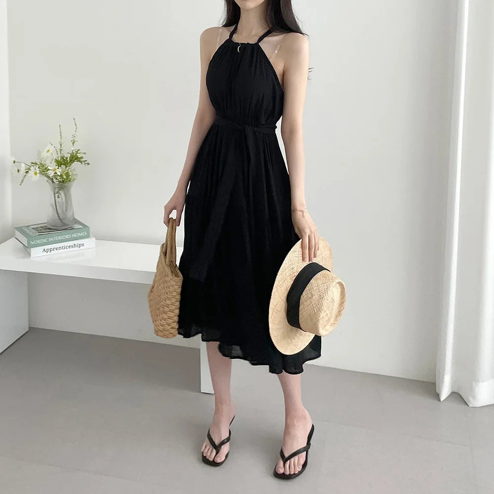 Korean Style Summer Slimming Necktie Waist Cinched Sleeveless Vest Long Dress Women's Fashionable Commute Style Inner Wear