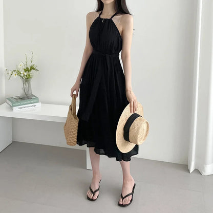 Korean Style Summer Slimming Necktie Waist Cinched Sleeveless Vest Long Dress Women's Fashionable Commute Style Inner Wear