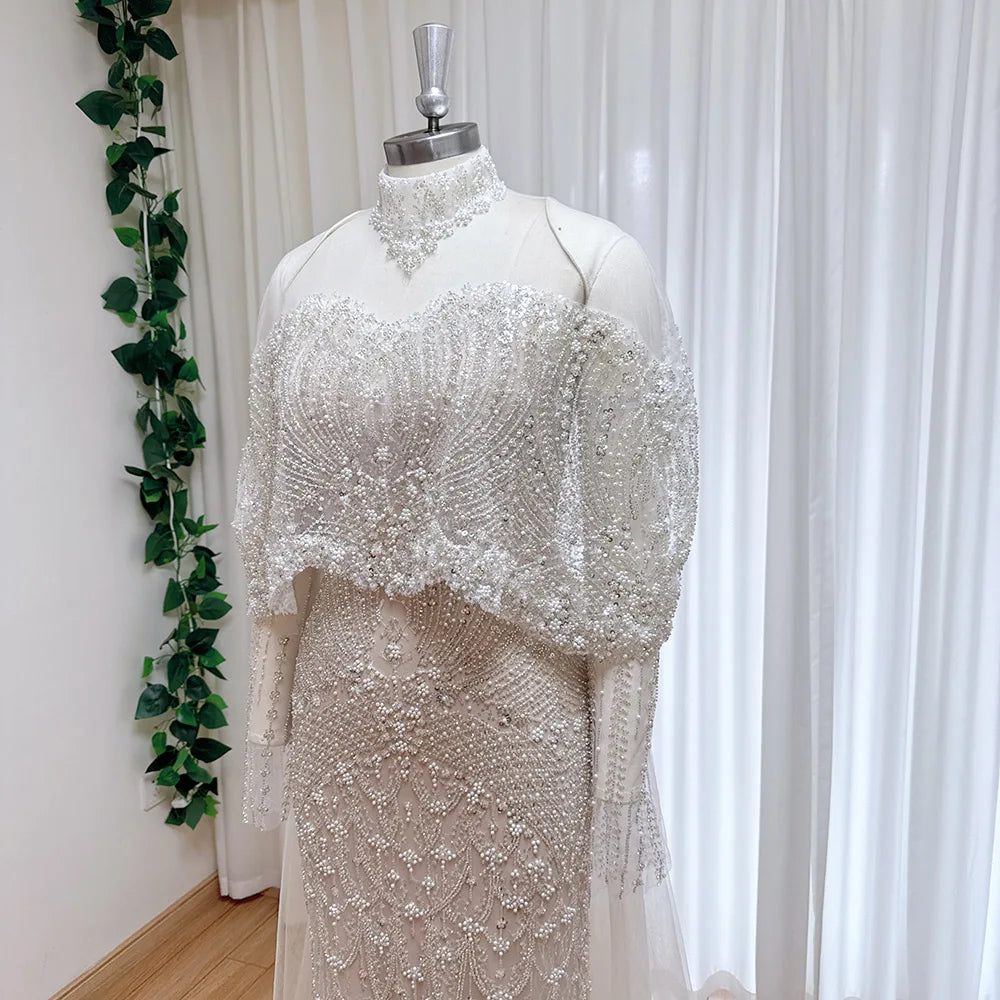 Beaded Mermaid Evening Dress for Women 2026 Elegant High Neck Long Sleeves for Women Wedding Party Gown Customized