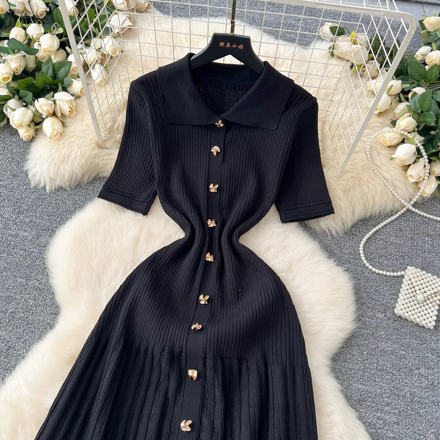 Chic Fashion Elegant Patchwork Knitted Maxi Dress 2025 Summer Lady Turn-down Collar Shirt Sweater Dress Party Vestidos