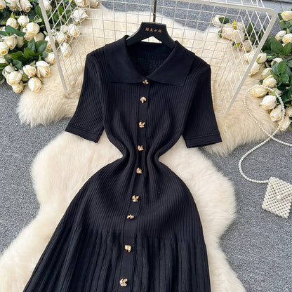 Chic Fashion Elegant Patchwork Knitted Maxi Dress 2025 Summer Lady Turn-down Collar Shirt Sweater Dress Party Vestidos