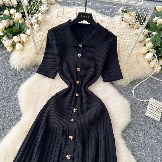 Chic Fashion Elegant Patchwork Knitted Maxi Dress 2025 Summer Lady Turn-down Collar Shirt Sweater Dress Party Vestidos