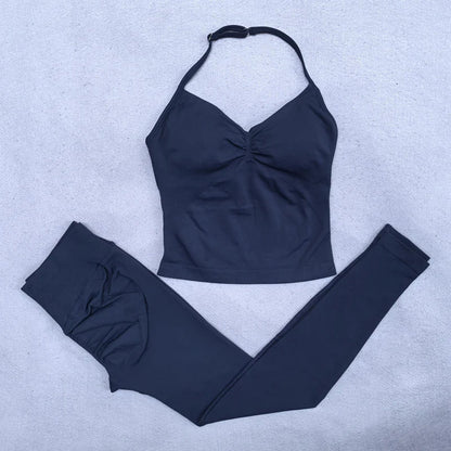 Seamless Yoga Set Women 2Pcs Padded Halter Tank Top Scrunch Butt Lifting Gym Leggings Set Woman Sportswear Workout Clothes