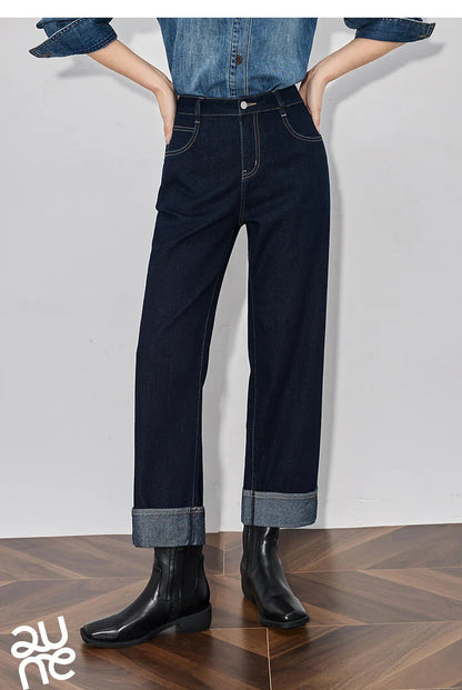 Women Denim Jeans 2025 Spring New Straight Wide Leg Rolling Up Ankle Length Cropped Pants