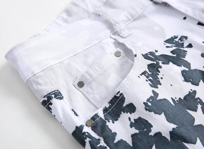 New Style European and American Young Men's Jeans, White, Slim-fit, Casual, Men's Trousers with Red Stripes and Pentagrams