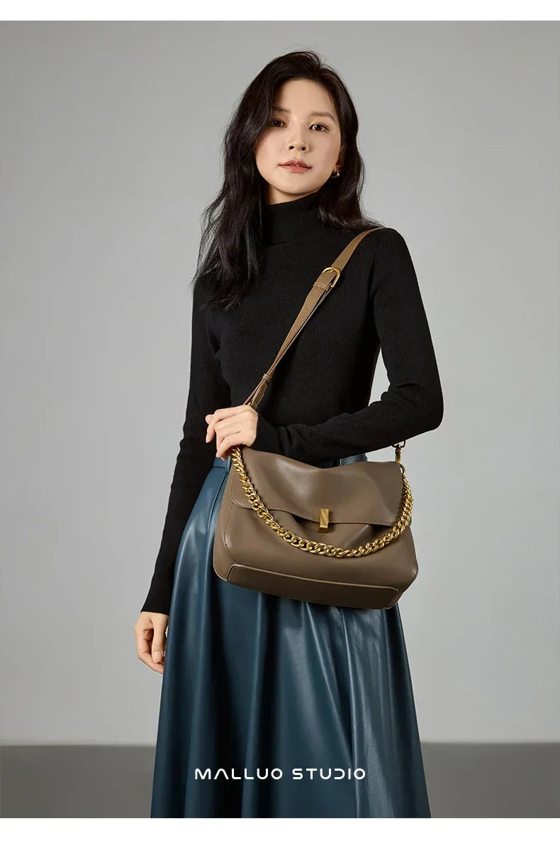 New Genuine Cow Leather Shoulder Chain Bag For Women Large Capacity Crossbody Handbag Messenger Tote Bag Luxury Designer