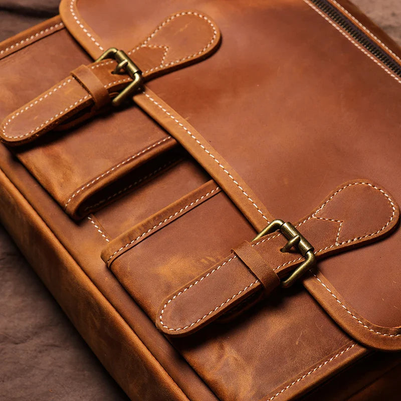 Vintage Crazy Horse Leather Messenger Bag Men's Genuine Luxury Sling Shoulder Bag Office Briefcase Crossbody 12.9 Inch Ipad