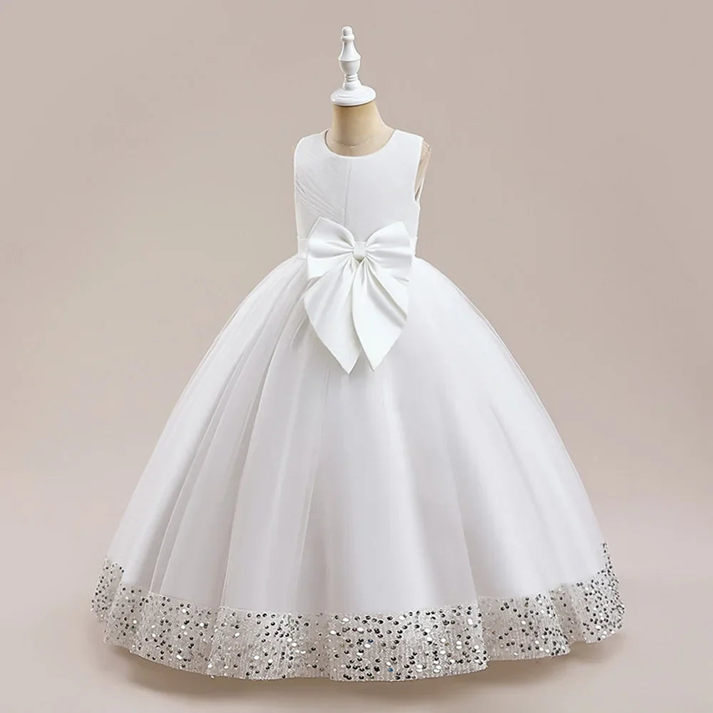Fluffy Sequin Bridemaid Princess Girls Dress Elegant Bow Pink Wedding Prom Evening Kids Party Dresses for Girl Birthday Costumes