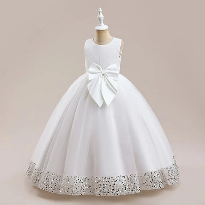 Fluffy Sequin Bridemaid Princess Girls Dress Elegant Bow Pink Wedding Prom Evening Kids Party Dresses for Girl Birthday Costumes