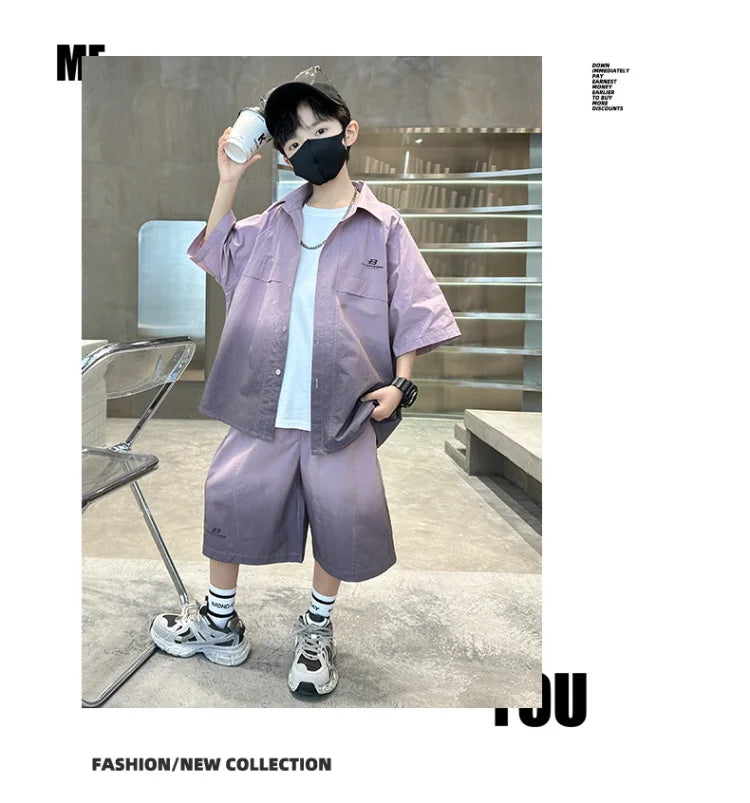 Fashion Kids Clothing Set Shirt Shorts Summer Suit for Teenage Boy Loose Casual Gradient Color Clothes Set Child Luxury Outfit