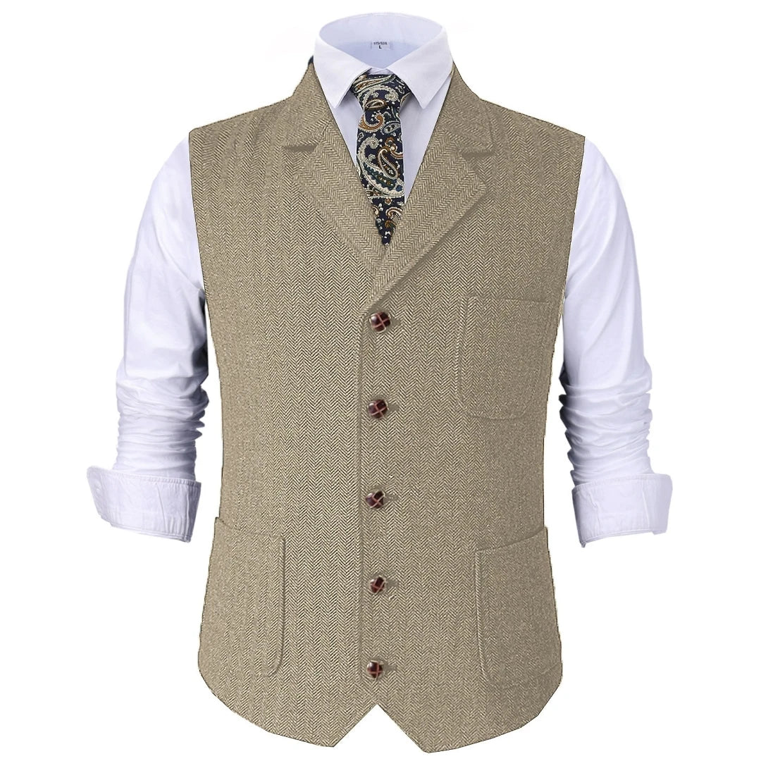 Men Vest Brown Herringbone With Lapel Waistcoat For Wedding Groom Banquet Business Casual Work Men Suit Vest