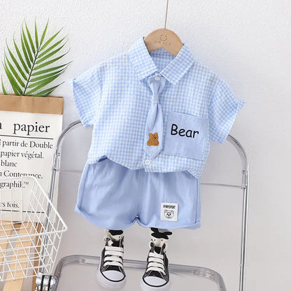 Summer Casual Baby Boy Toddler Causal ClothesPlaid Shirt Tops Pants 2Pcs/Set With Tie Cotton Kids Outfits Clothing Suit