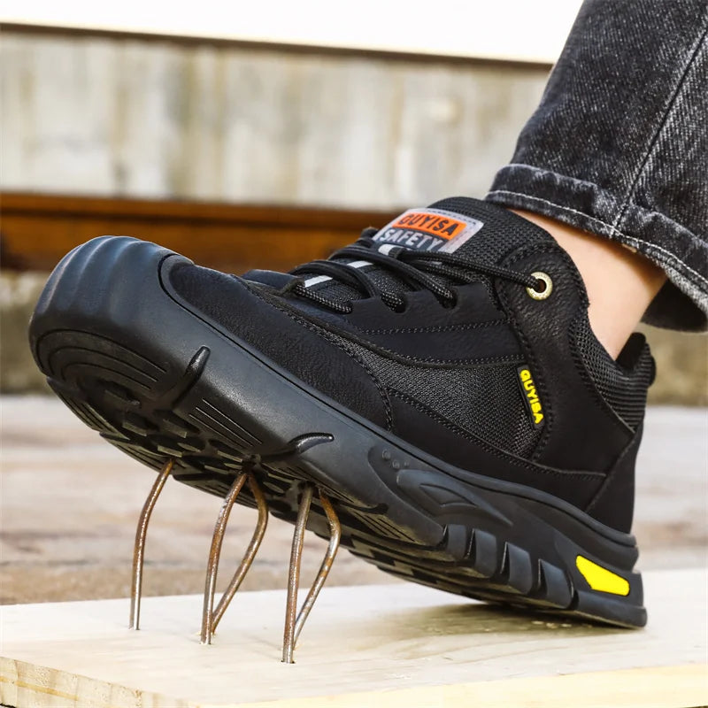 Black Leather Work Safety Shoes Waterproof Indestructible Steel Toe Cap Labor Shoes For Men Breathable Anti Smashing Sneakers
