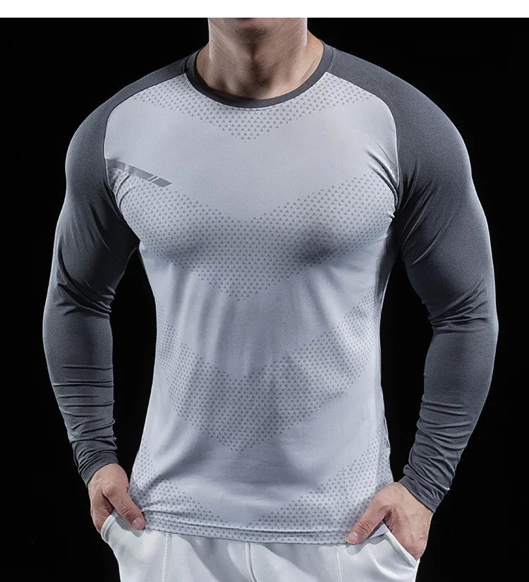 Autumn Winter Men Gym Fitness Display Long Sleeve T-Shirt Crew Neck Elastic Moisture Wicking Tights Running Training Bottom Top