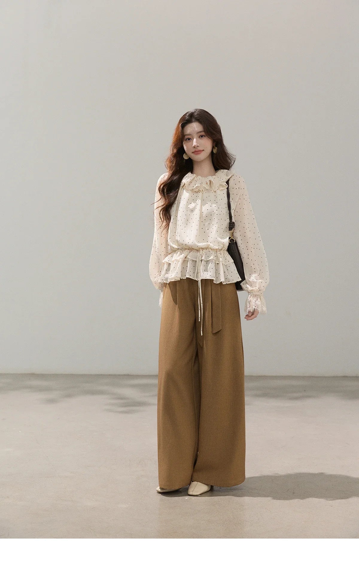 Retro Polka Dot Ruffle Chiffon Blouse 2026 Spring New Apricot Lace Cuffs Design Top Gentle Tie Shirt for Women MXF13X2530