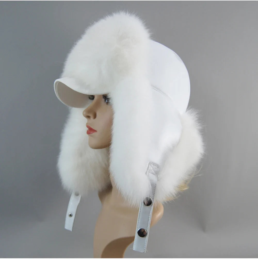 100% Real Fox Fur Hat Women's Russian Ushanka Aviator Trapper Snow Skiing Hat Caps Earflap Winter Raccoon Fur Bomber Hat