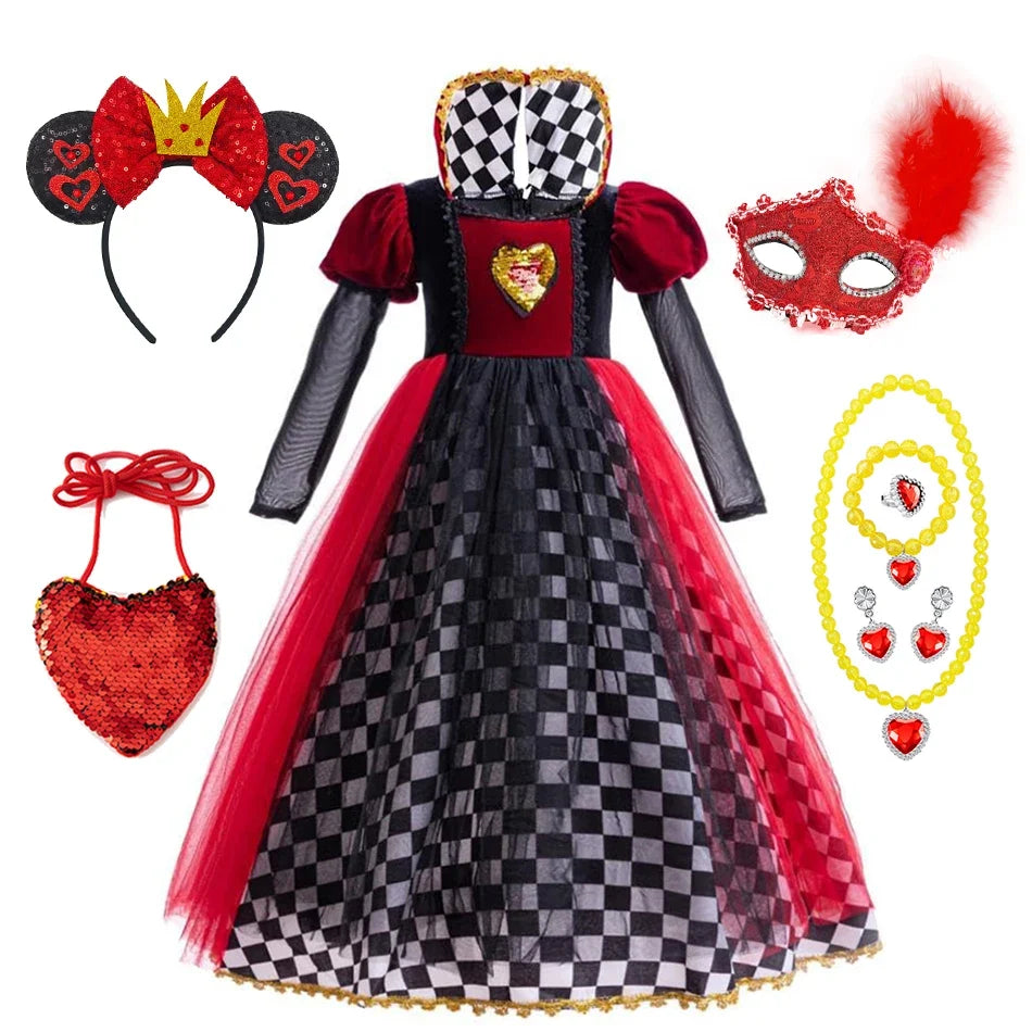 Girls Halloween Party Cosplay Red Queen Gown Clothes Kids Witch Long Sleeves Carnival Outfits Children Masquerade Fancy Costumes