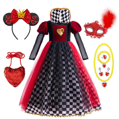 Girls Halloween Party Cosplay Red Queen Gown Clothes Kids Witch Long Sleeves Carnival Outfits Children Masquerade Fancy Costumes