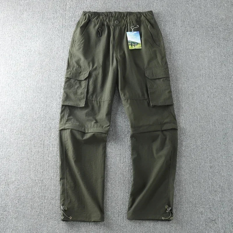 Men's Summer Cargo Pants Quick Dry Double Used Pants Elastic Waist Detachable Feet Loose Straight Waterproof Long Trousers